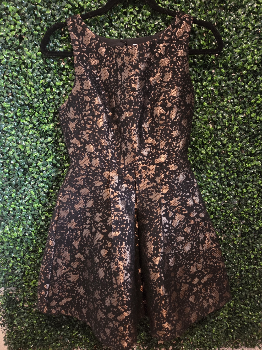 Minuet Petite Black Dress with Champagne Metallic Pattern